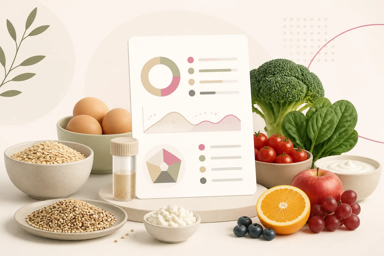 Illustrazione del test alimentare Recaller GEK Lab con alimenti, campione e profilo nutrizionale